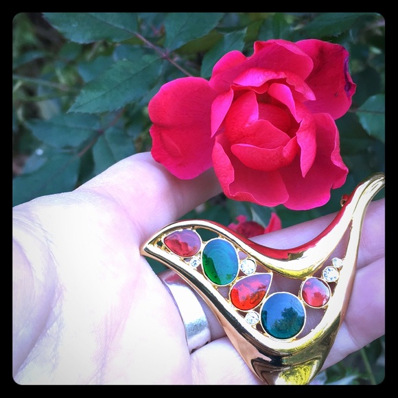 Gold tone enamel vintage partridge pin jewel tone glam retro art deco bird pin - Picture 1 of 16